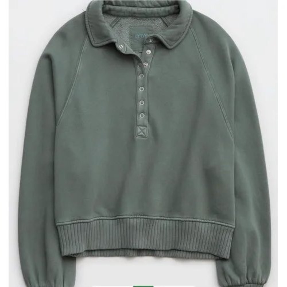 Aerie Sage Green Henley Snap Button Cropped Sweatshirt Fleece Pullover XXS